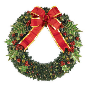 Holly Wreath - 4' to 8' sizes with LED mini lights and red bow