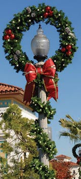 Pole Mount - Silhouette Wreath with LED Lights, Red Bows & Garland